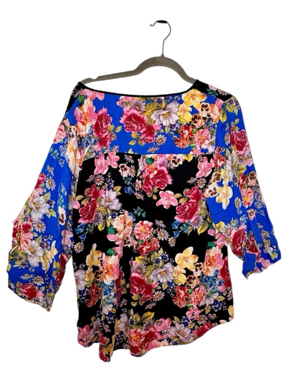 Calessa Floral High Low Blouse Blue Black Boho Artwear Statement XL - Picture 3 of 6